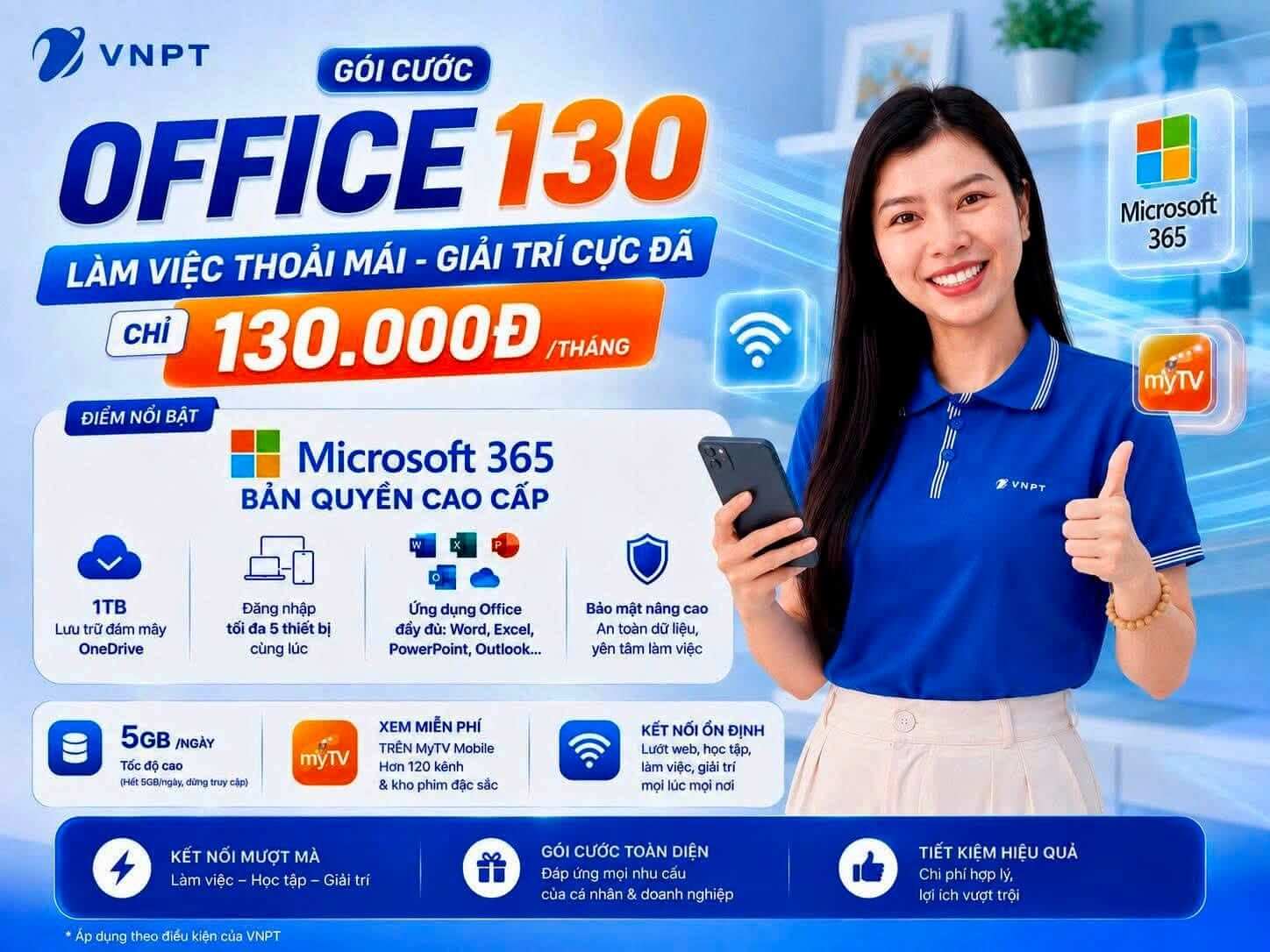 Gói cước OFFICE130 VinaPhone - Tặng bản quyền Microsoft 365 chính hãng