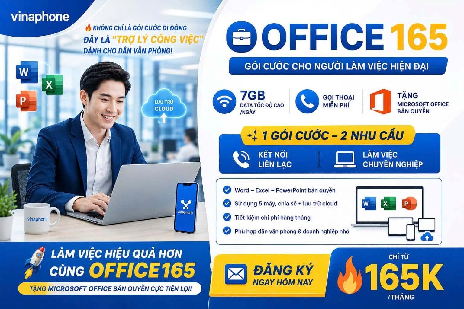 Đánh giá gói cước OFFICE165 VinaPhone: Data 7GB/Ngày, Tặng Microsoft 365