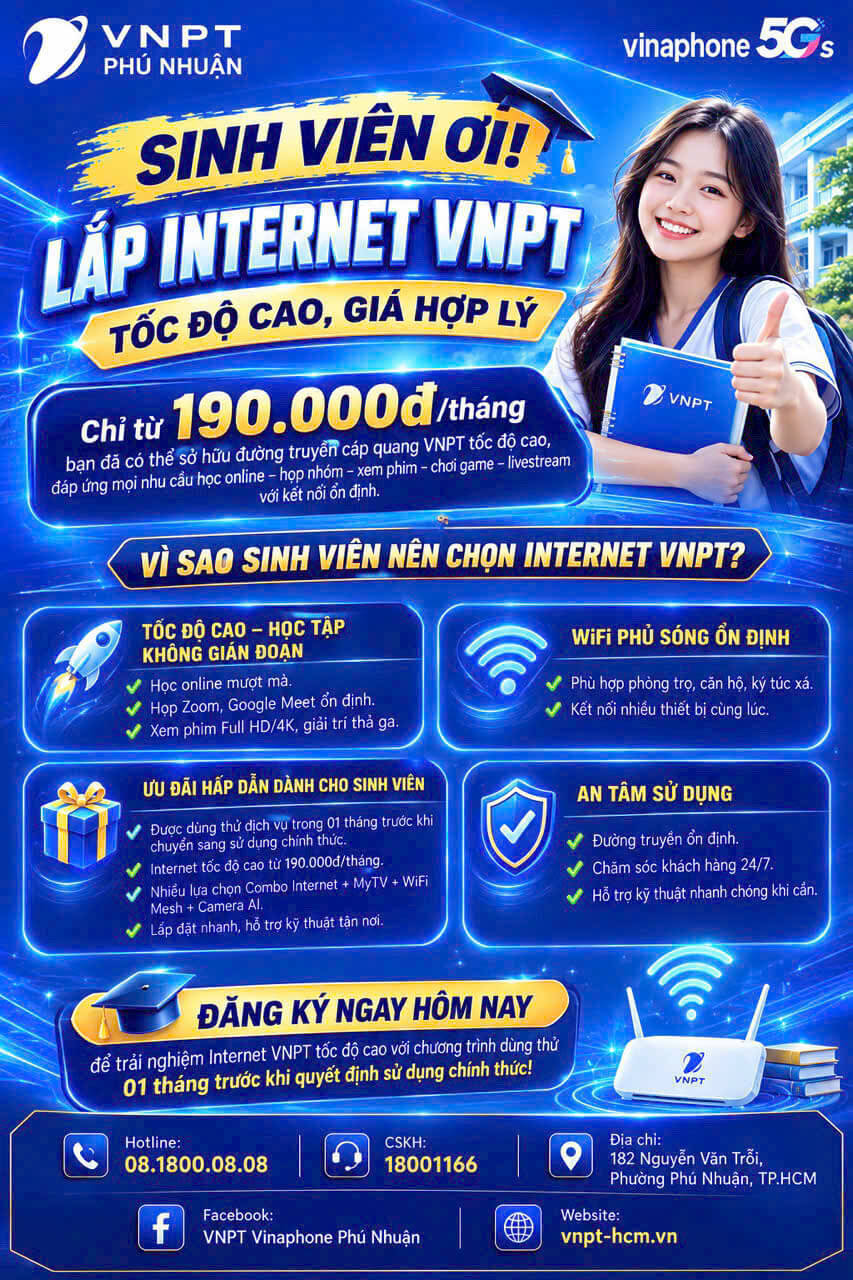 Đăng ký Internet VNPT sinh viên - Ưu đãi 1 tháng dùng thử MIỄN PHÍ