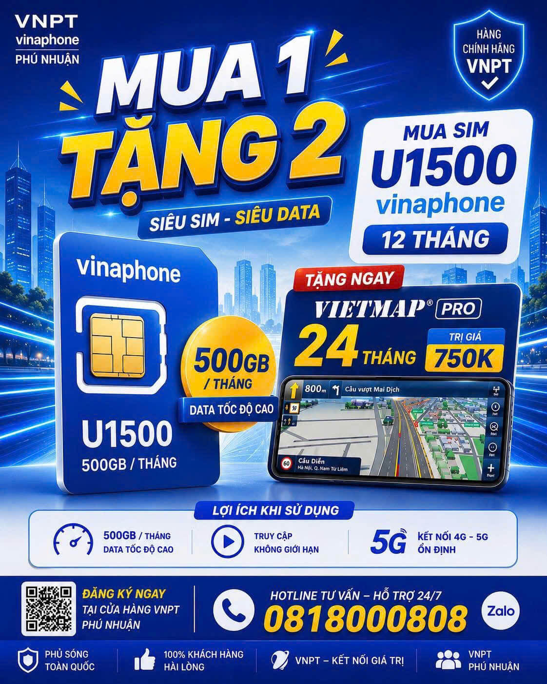 Khuyến mãi Mua 1 TẶNG 2 – SIM U1500 + Bản đồ VietMap Pro 24 tháng